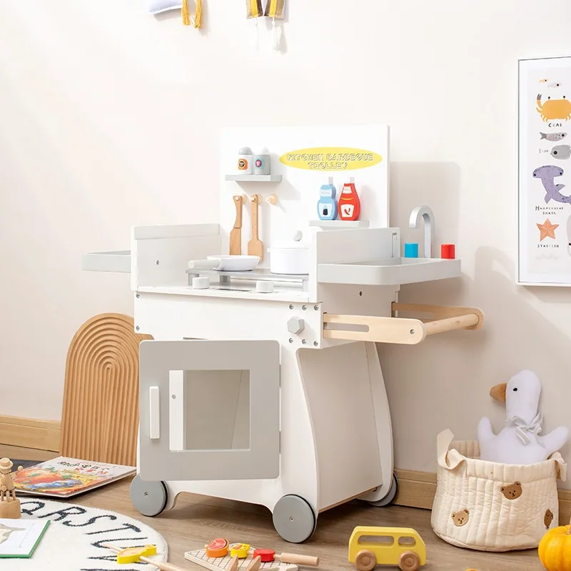 Wooden Kitchen BBQ Cart Toy Role Play Kitchen Set Toys Wooden