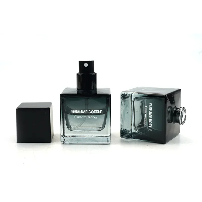 30ml 50ml 100ml Customized Gradient Black Square Perfume Bottles with ABS Square Lid