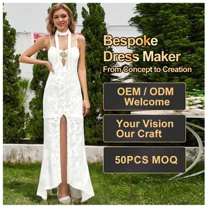 New Fashion Luxury Women Evening Party Long Slit Dress Europe Design V Neck Spaghetti Strap Lace Mesh Slim Slip Dress Custom OEM