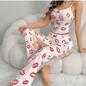 2-Piece Women's Sexy Transparent Mesh Lace Set with Ribbed Printed Strap Top and Pants Home Clothes Pajama Set