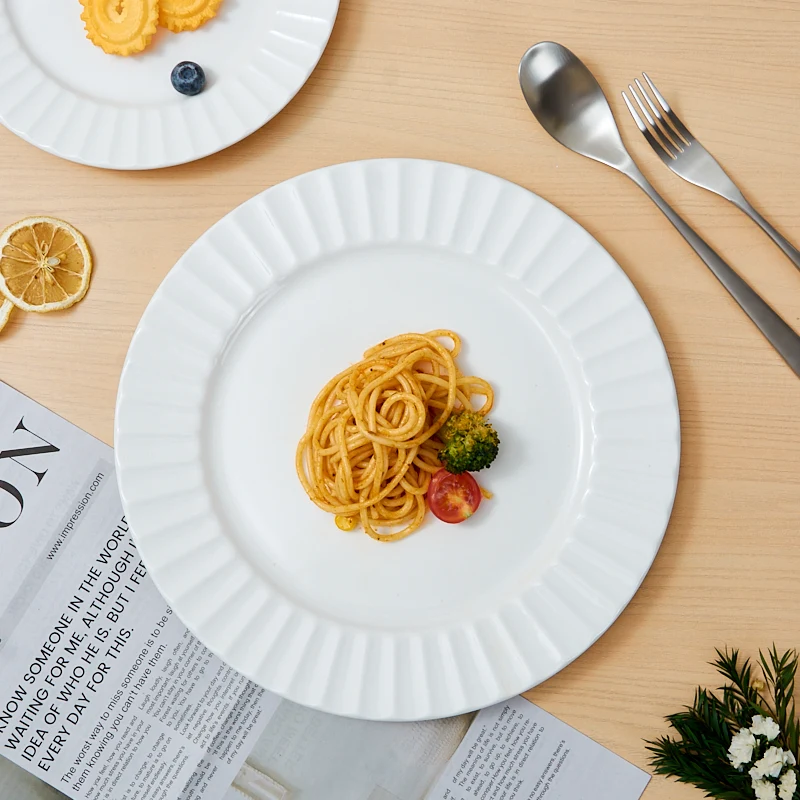 Modern White Relief Flat Plate Dish Customizable for Parties Wholesale Service for Restaurants Hotels & Families