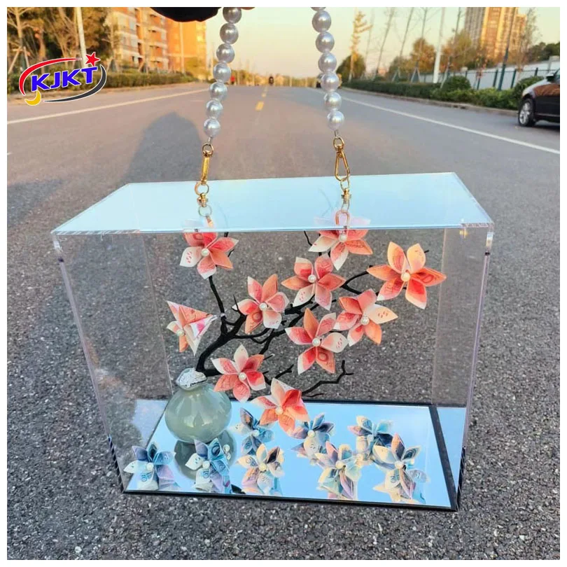 Acrylic Hand-held Flower Box with Mirror Base Clear Acrylic Flower
