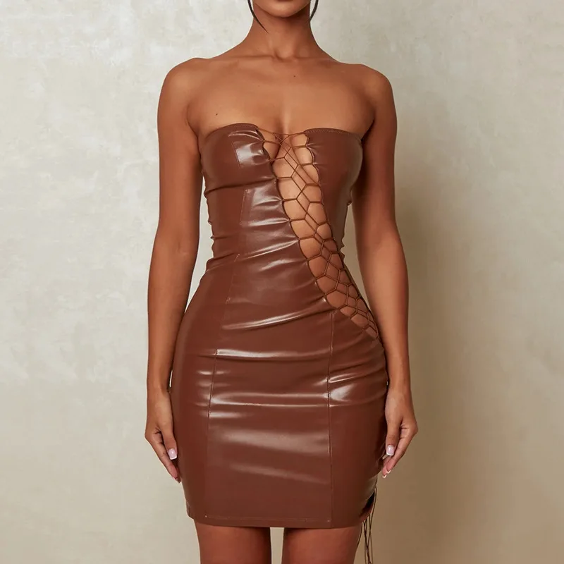 Sexy Strapless PU Leather Women Dress Brown Sleeveless Hollow Out Mini Dress Autumn Fashion Bodycon Party Dress Sexy Strapless PU Leather Women Dress Brown Sleeveless Hollow Out Mini Dress Autumn Fashion Bodycon Party Dress