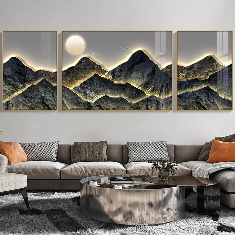 Modern Minimalist Living Room Decorative Painting Light Luxury Mural Landscape Triptych Wall Art Crystal Porcelain Painting