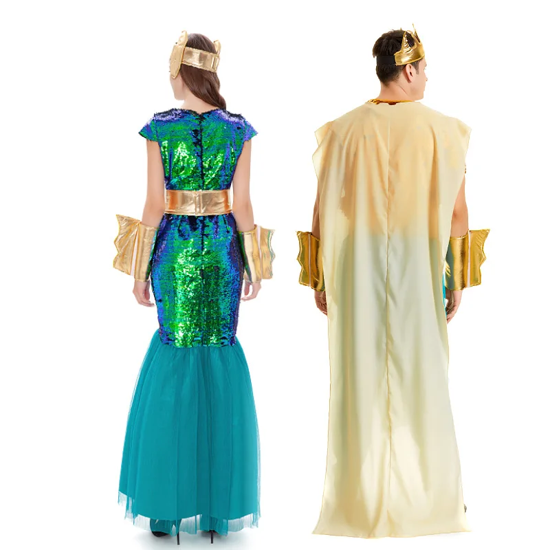 Halloween Green Magic Mermaid Costume Adults Greco-Roman Goddess Naga Siren  Sea God Dress Queen Prince-Men Women Couple Dress