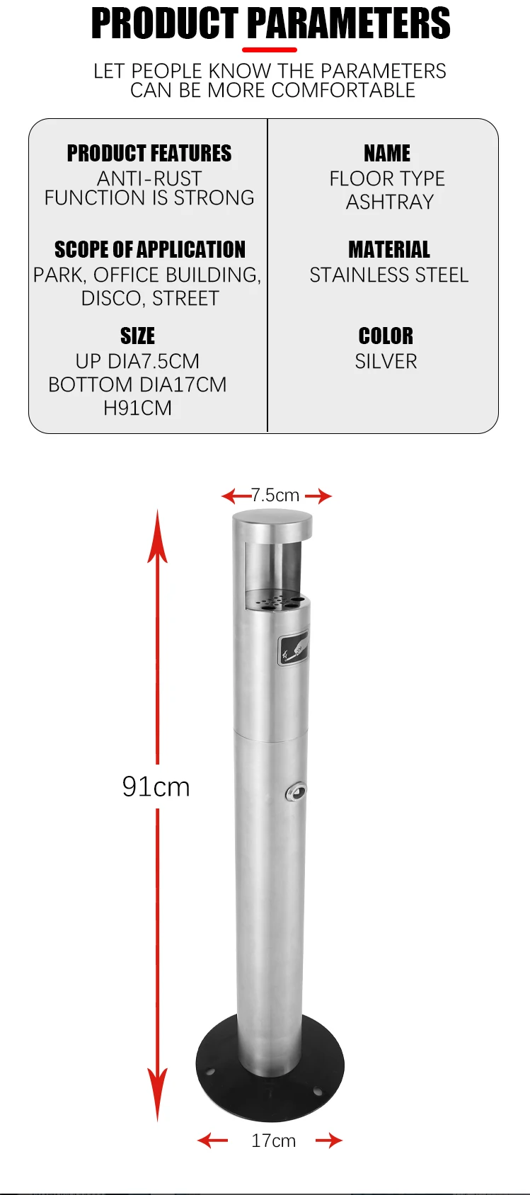 Standing Ashtray Outdoor Post Windproof Stand Ashtray Stainless Steel Vertical Cigarette Butt