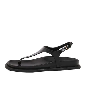 ZA2026 Summer New Women's Black Leather Clip-Toe Flat Sandals Versatile Casual Platform Beach Shoes Thick Sole Fashionable Beach