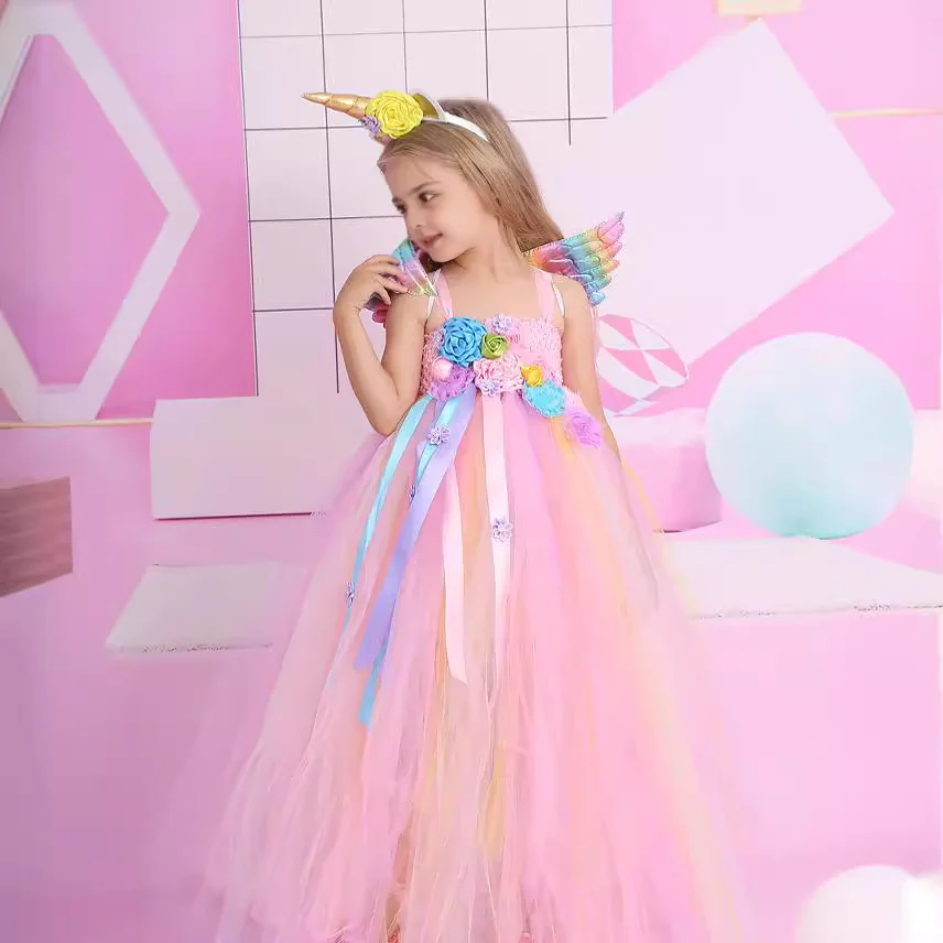 Wholesale Girls Unicorn LED Light Costume Unicorn Dress for Girls Girls Unicorn Princess Dress Long Tulle Runway Dress Unicorns with Wings Headband
