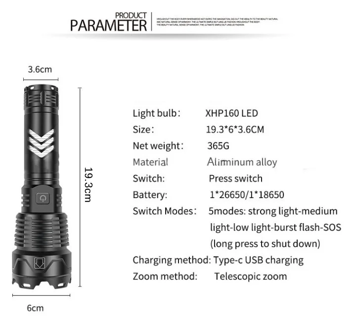 3000 High Lumen XHP160 Powerful Long Distance rechargeable Zoomable LED Tactical torches light Aluminum Alloy Flashlights factory