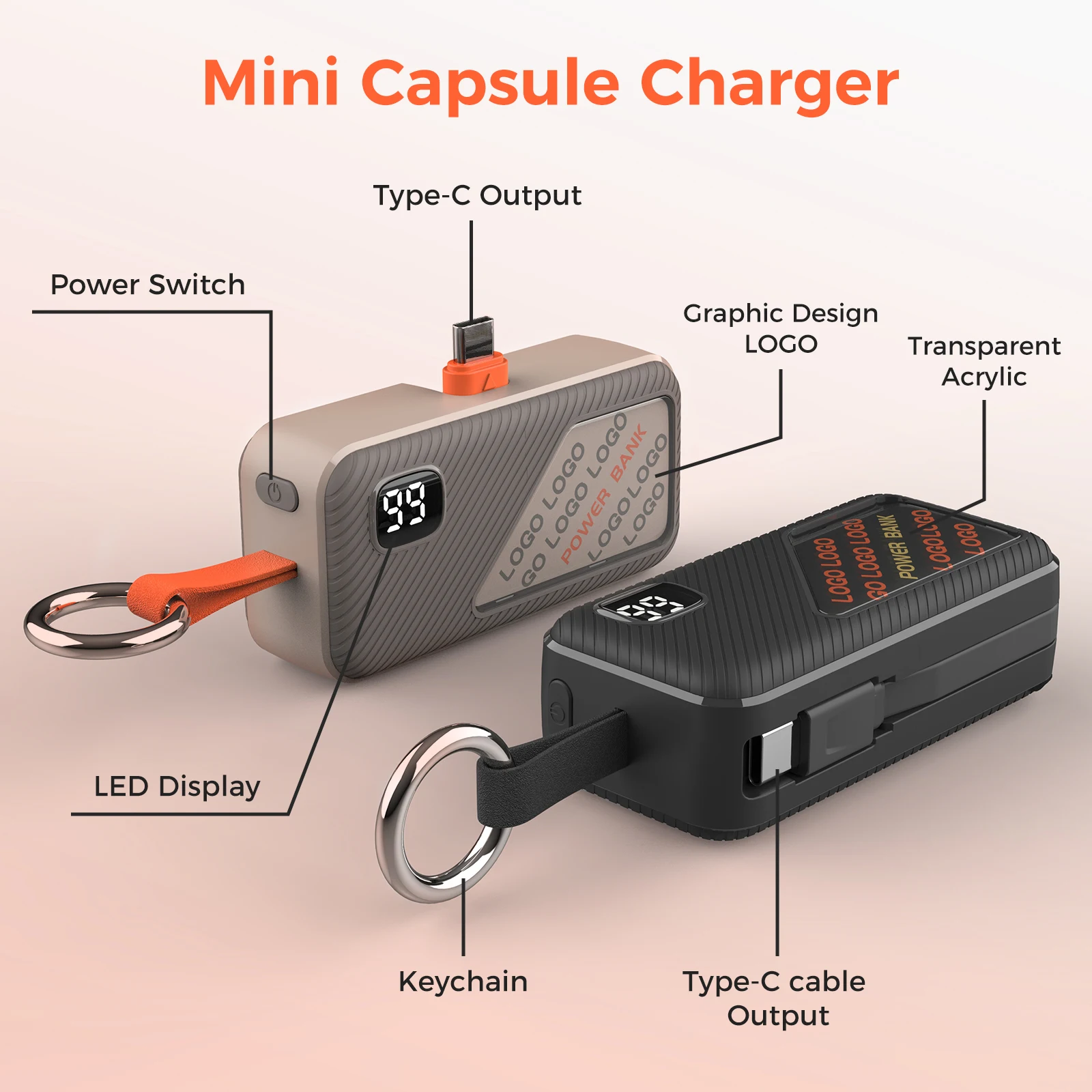 New Portable Key Chain Mini Power Bank 3000-5000 MAh Built-in Cable Type C Mobile Power Supply Pocket Power Station Custom Logo
