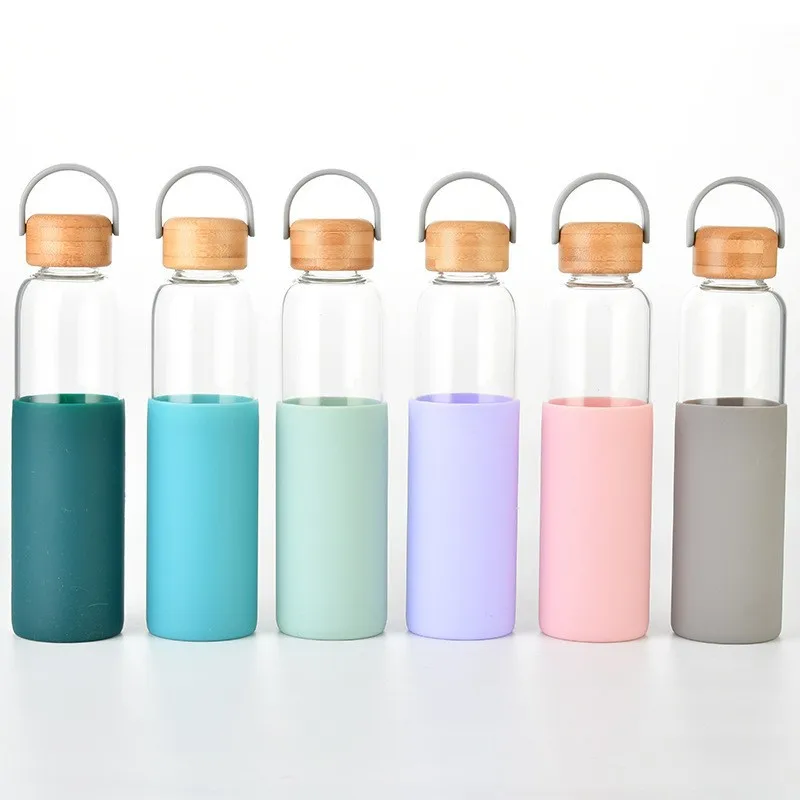 500ml Borosilicate sports glass water bottle with bamboo wood lid and  sleeve factory and manufacturers