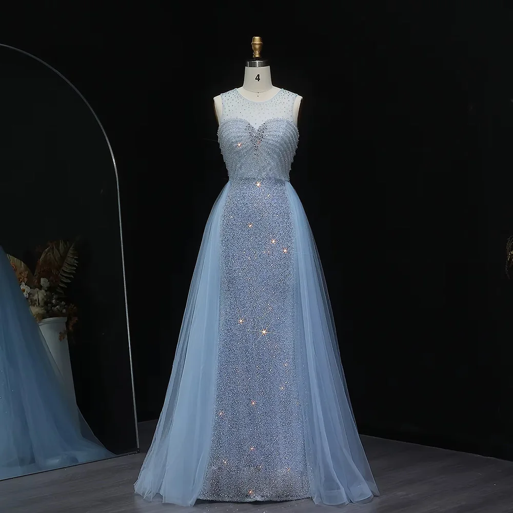 Sparkly Crystal Light Blue Evening Dress With Overskirt Luxury Gold for  Women Wedding Formal Party Lsz011
