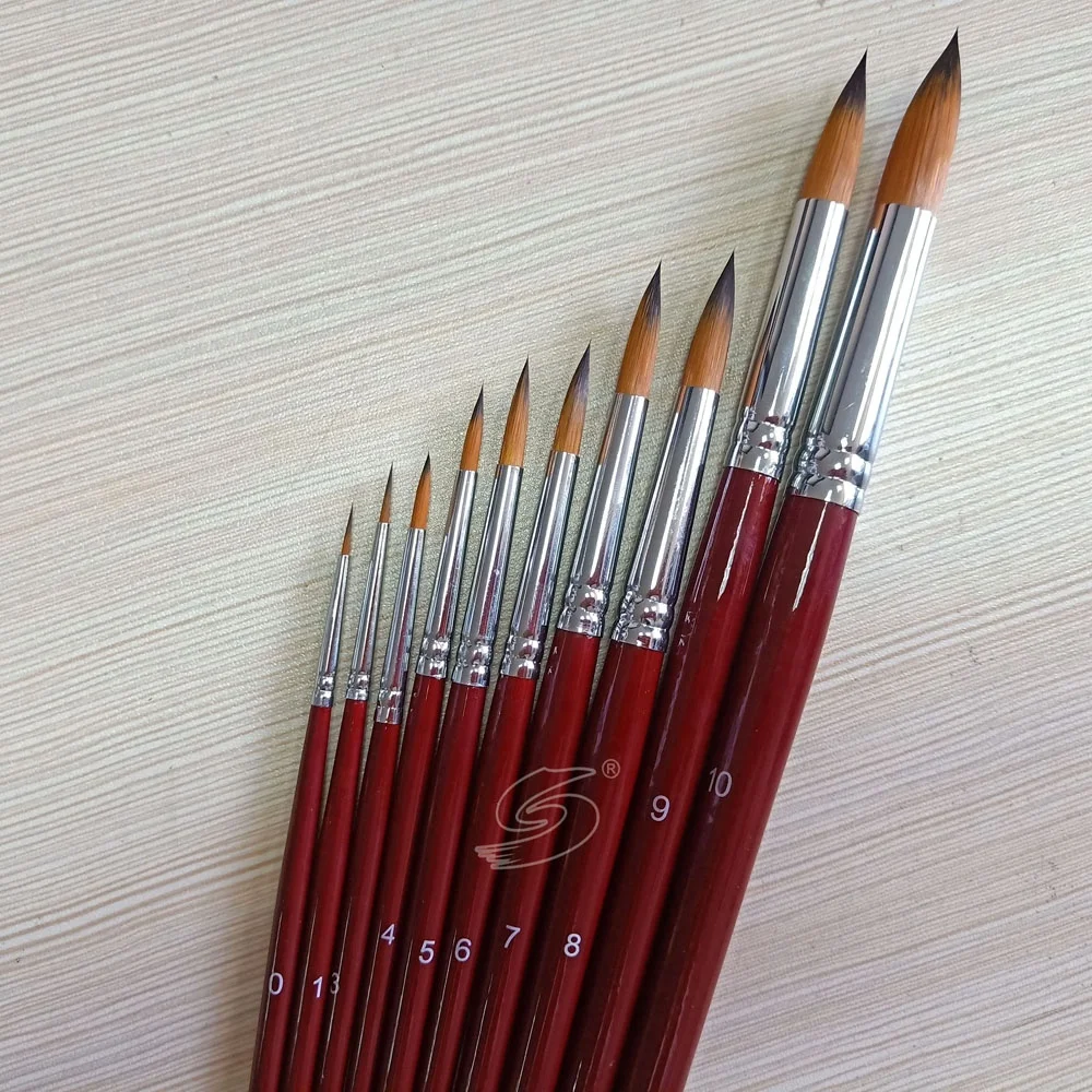 Round Synthetic Sable Hair Acrylic Watercolor Professional Artist Paint Brush Set