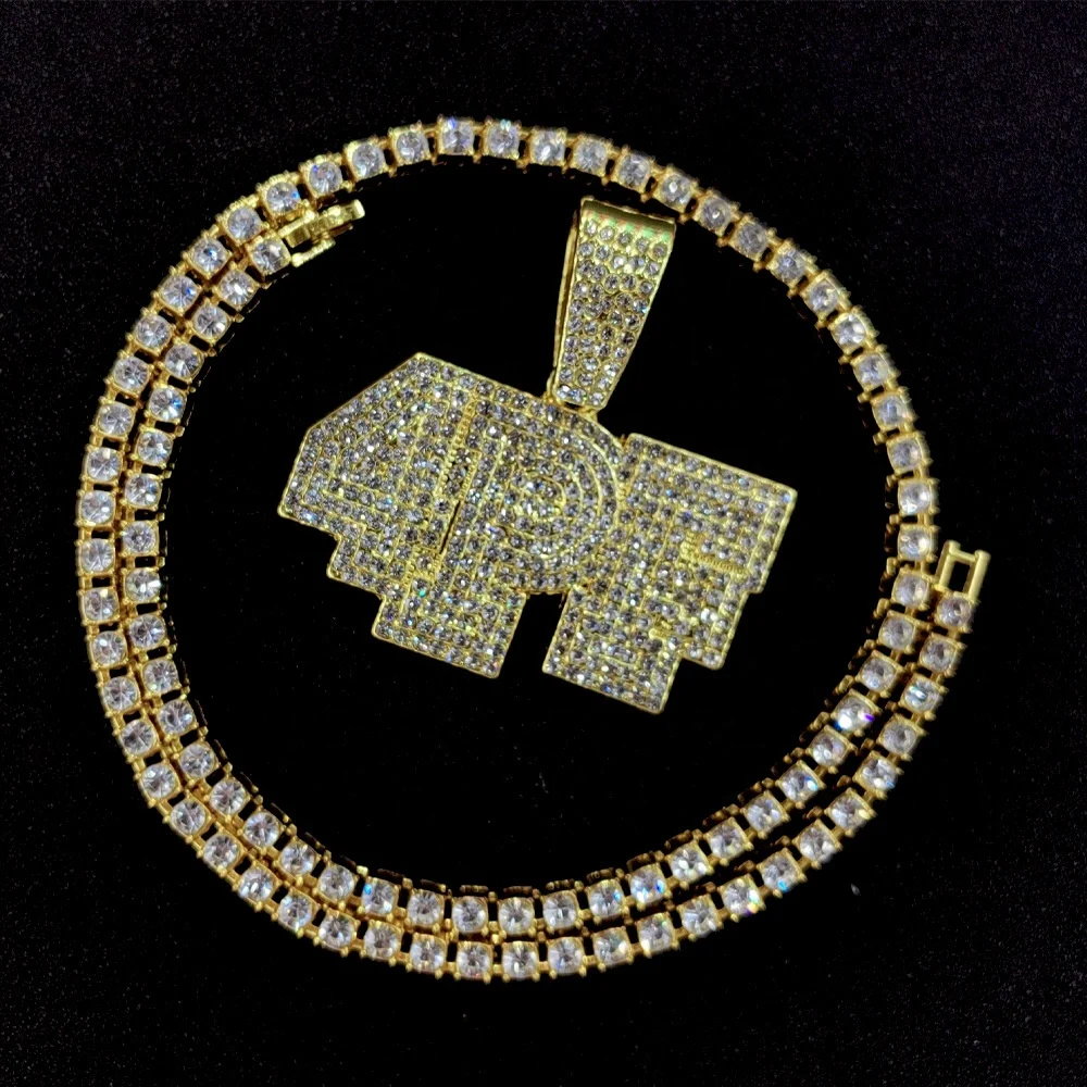 RQ Hot Sell 5mm Tennis Chain Alloy with Bling Rhinestone Hip Hop 4PF Letter Pendant Necklace