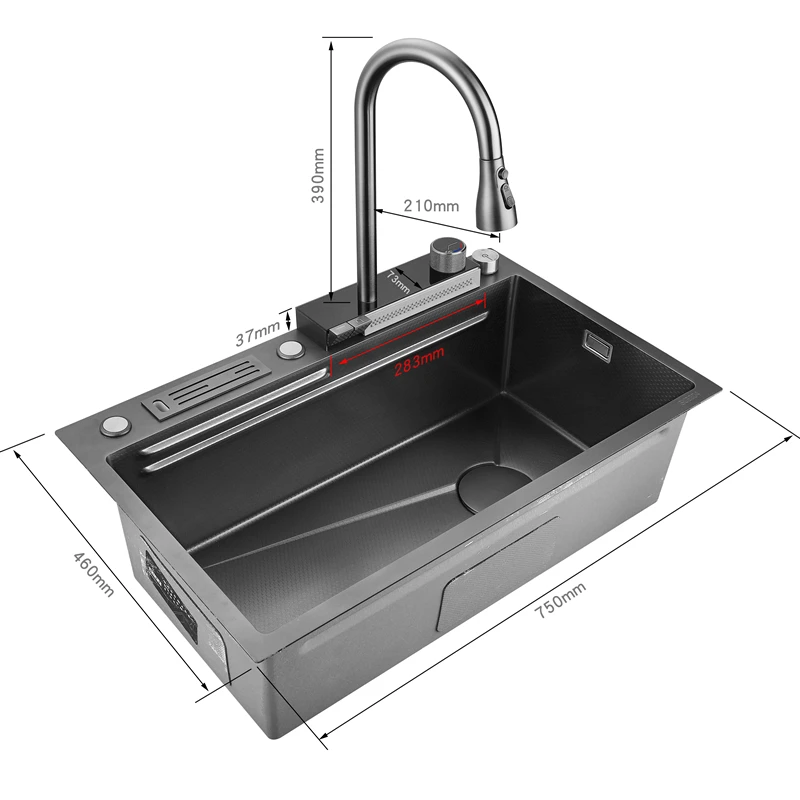 Luxury Anti-Scratch LED Digital Display Stainless Steel Kitchen Sink Faucet Multifunctional Basket Drainage Cover Chopping Board