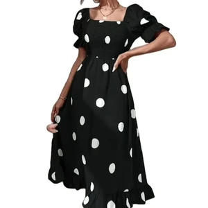 Women's Polka Dot Sweet Ruffle Short Sleeved Large Hem Dress in Stock