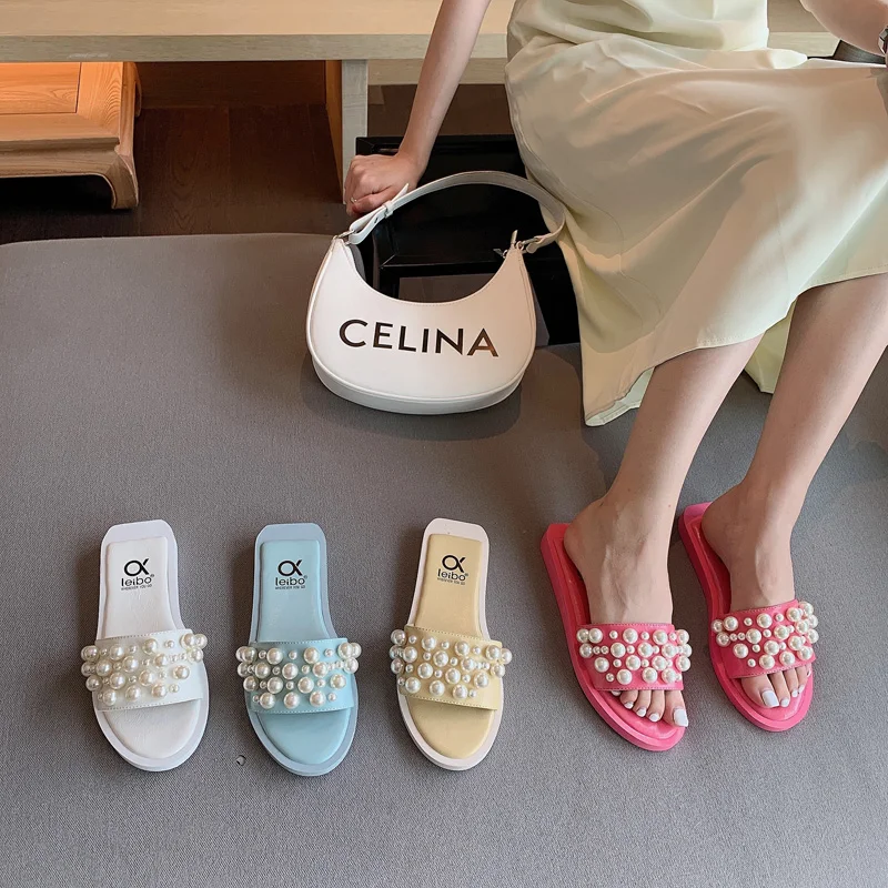 Zapatos De Marca Con Adornos De Perlas De Imitación Para Planas Acolchadas Con Punta Redonda,Para Verano,113228 - Buy Zapatos De Mujer Calzado Sandalias Zapatilla De Dama Sandalias Mulas Diapositivas,Tacón Acolchado