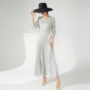 Miyake High Quality Women's Casual Style Two-Piece Set Fashionable Elastic Top and Ankle Length Pleated Skirt Print Decoration