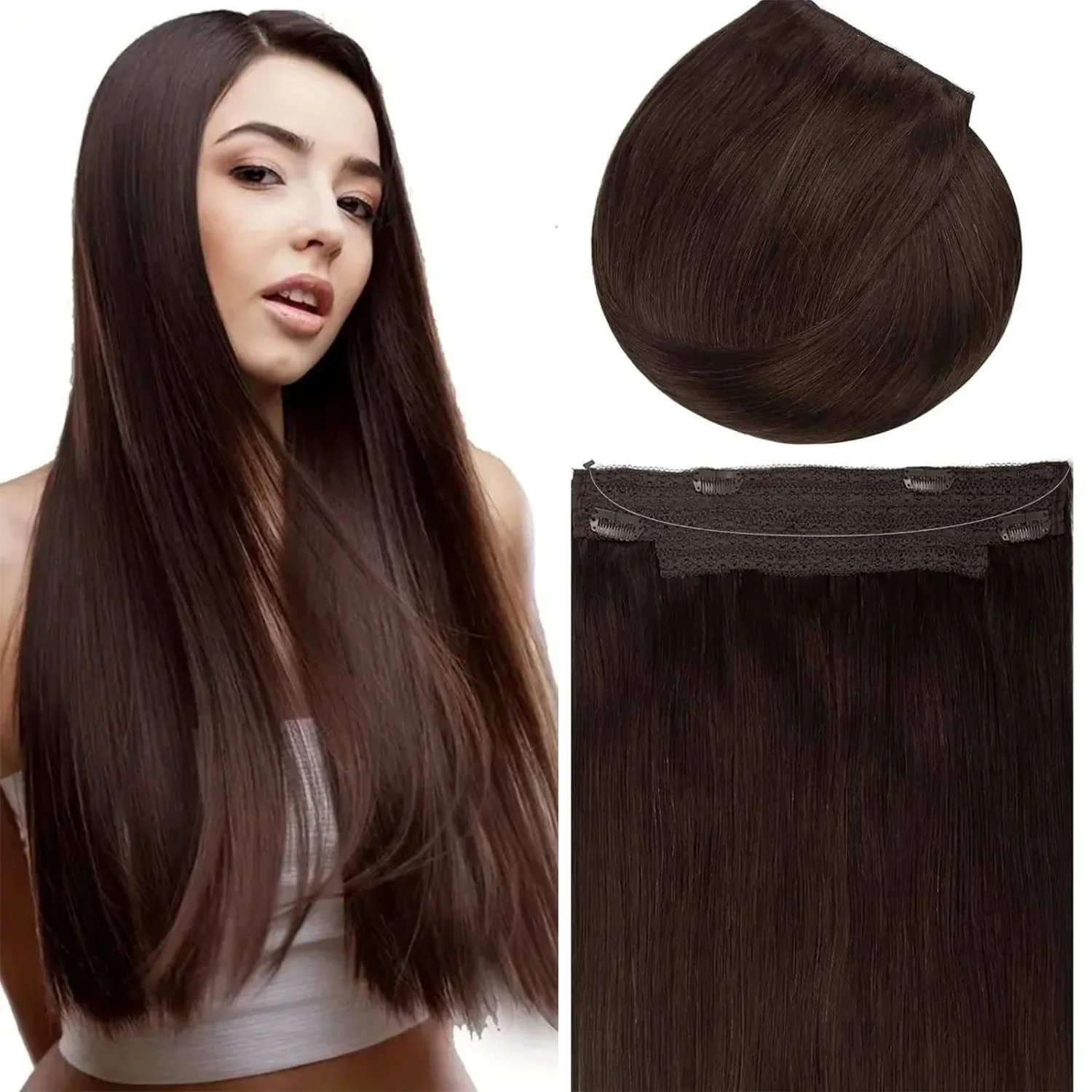 Grampo em extensões de cabelo humano 100% cabelo real pedaços brasileiro padrão trama suave cor # 2 para mulheres_voghion.com