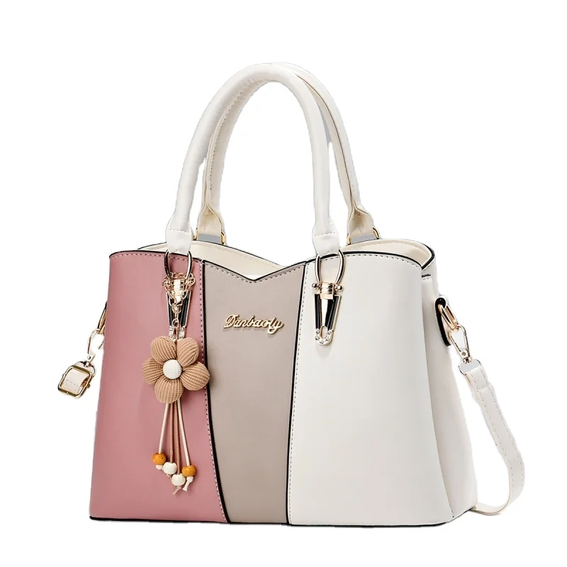 New Fashion Trend Female Bag Match Color Handbag Large Capacity Shoulder Crossbody Bag with Flower Pendant