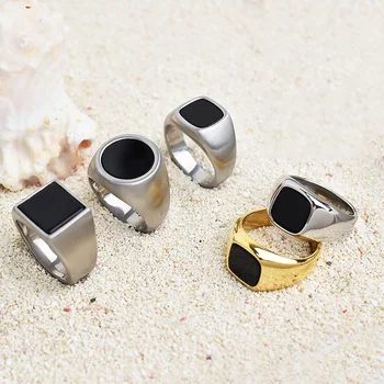 Simple mens finger rings black crystal stainless steel ring for men
