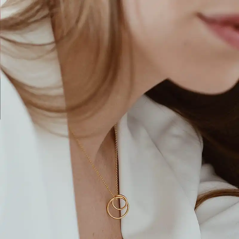 Trendy Gold Double Ring Pendant Necklace by Inspire Jewelry