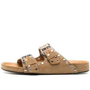 Summer Fashion Trend Genuine Leather Upper Thick-Soled Rubber Outsole Slip-On Flat Outdoor Women's Slippers