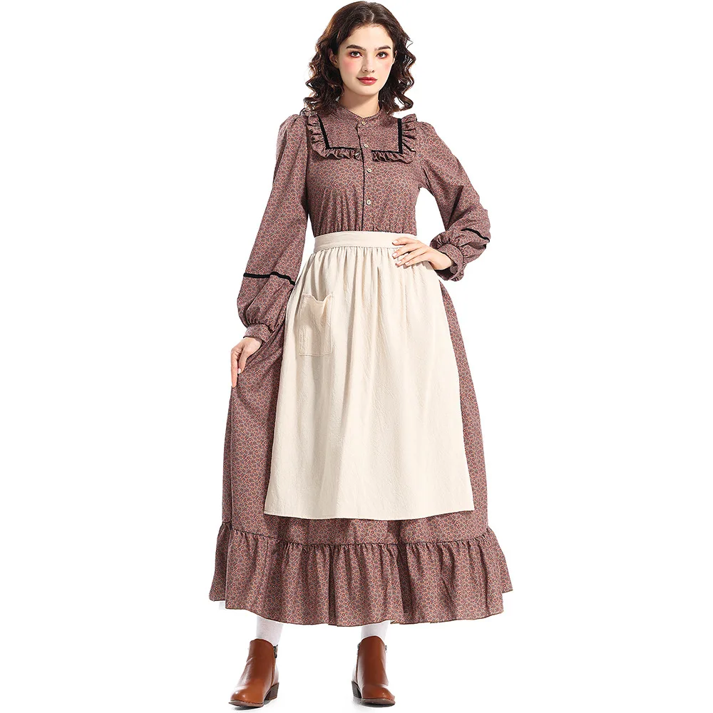 Printed Countryside Style Girl Cosplay Halloween Brown Manor Farmer Floral  Dress Costume for Girl Maid