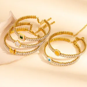 MW Hypoallergenic 18K Gold Plated Stainless Steel Bracelet - Women's Zircon Emerald Square Gem Oil-Drop Eye Heart Anti-Tarnish