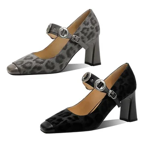Moncheer Custom Women's Black and Grey Leopard Print Chunky Heel Mary Jane Pumps with Round Buckle Strap Comfort Fashion Trend