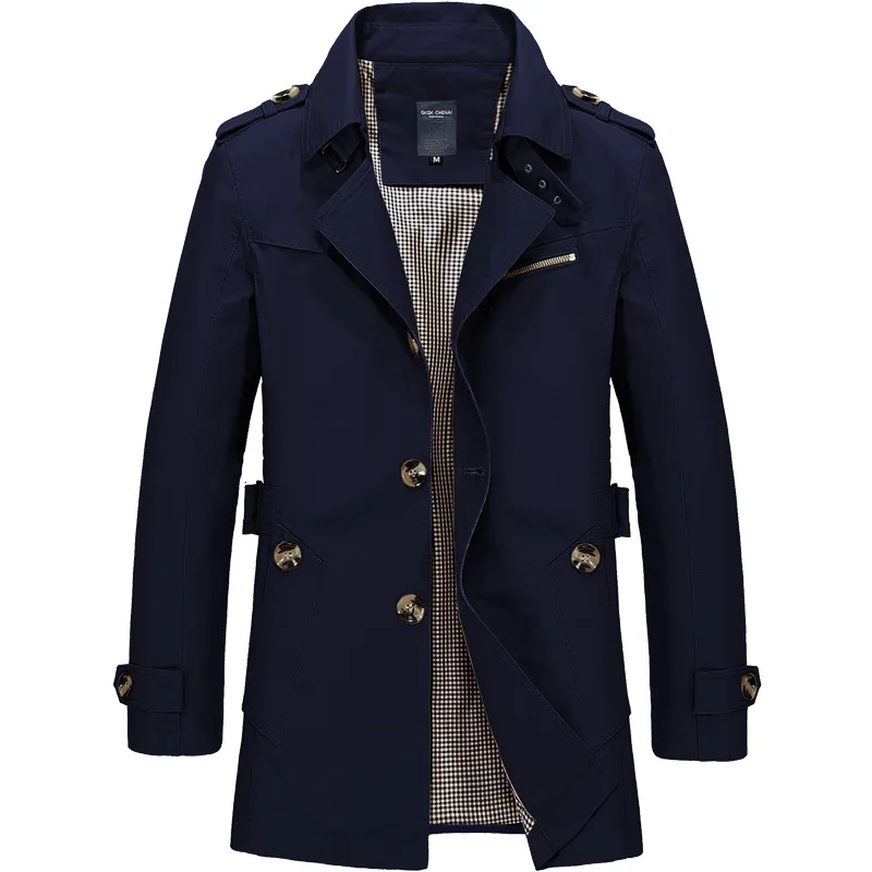 Men's Full Cotton Middle Length Trench Jacket Business Casual Blazer with Pocket Decoration Spring Autumn Windbreaker_voghion.com