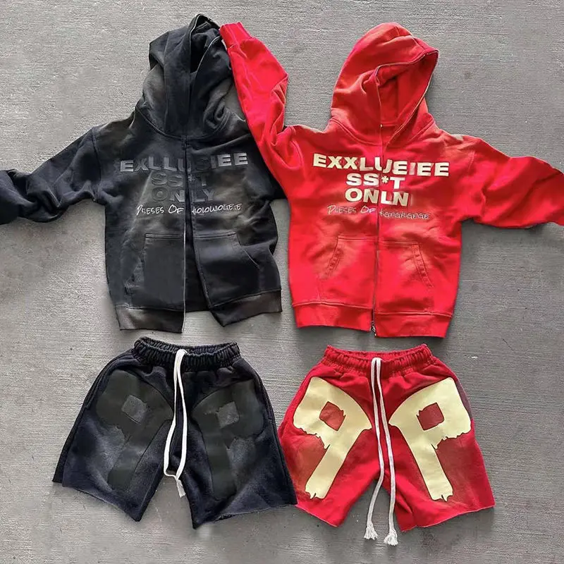 Custom Acid Wash Sun Faded Distressed Vintage Hoodie and Sweat Shorts Custom Full Zip up Hoodie Puff Print Shorts Set for Men gallery 8