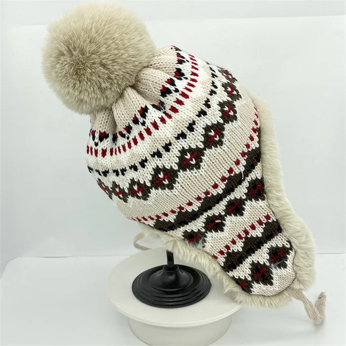 Bonnet à oreilles péruvien pour femme, bonnets de ski Sherpa, bonnets de  neige en tricot, 3