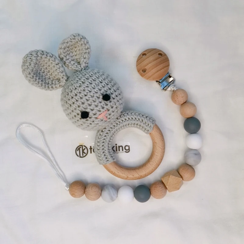 Деревянная детская забавная погремушка вязаный крючком кольцо с зайчиком детские игрушки-погремушки, серый кролик