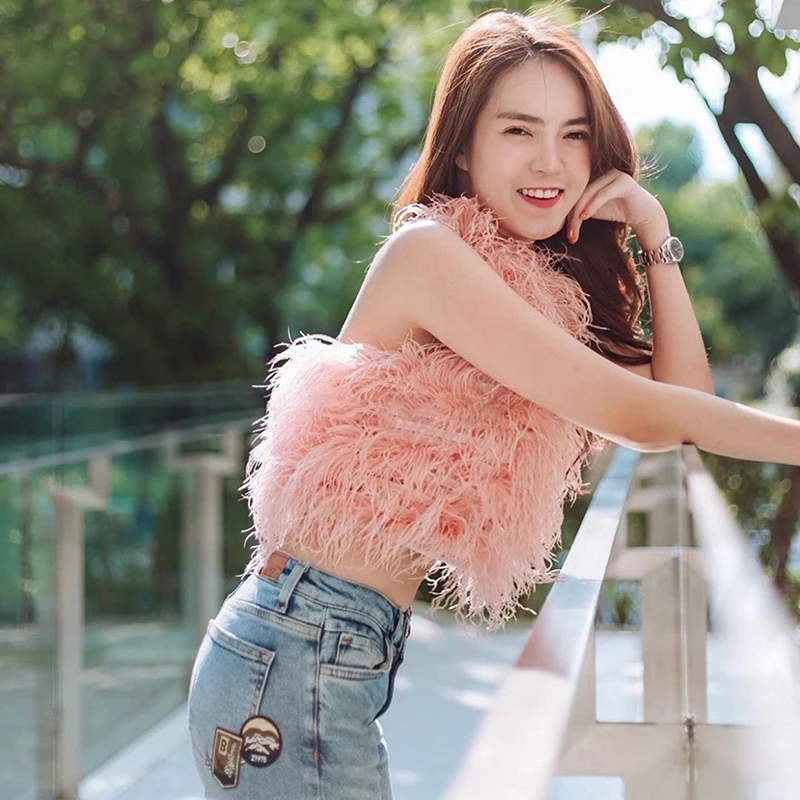 Haut en plumes d'autruche Sexy pour femme, tissu de fête, élégant