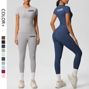 2026 Custom Yoga Gym Legging Set for Women Breathable 2-Piece Activewear Fitness Top Leggings Logo Front Short Sleeves Solid