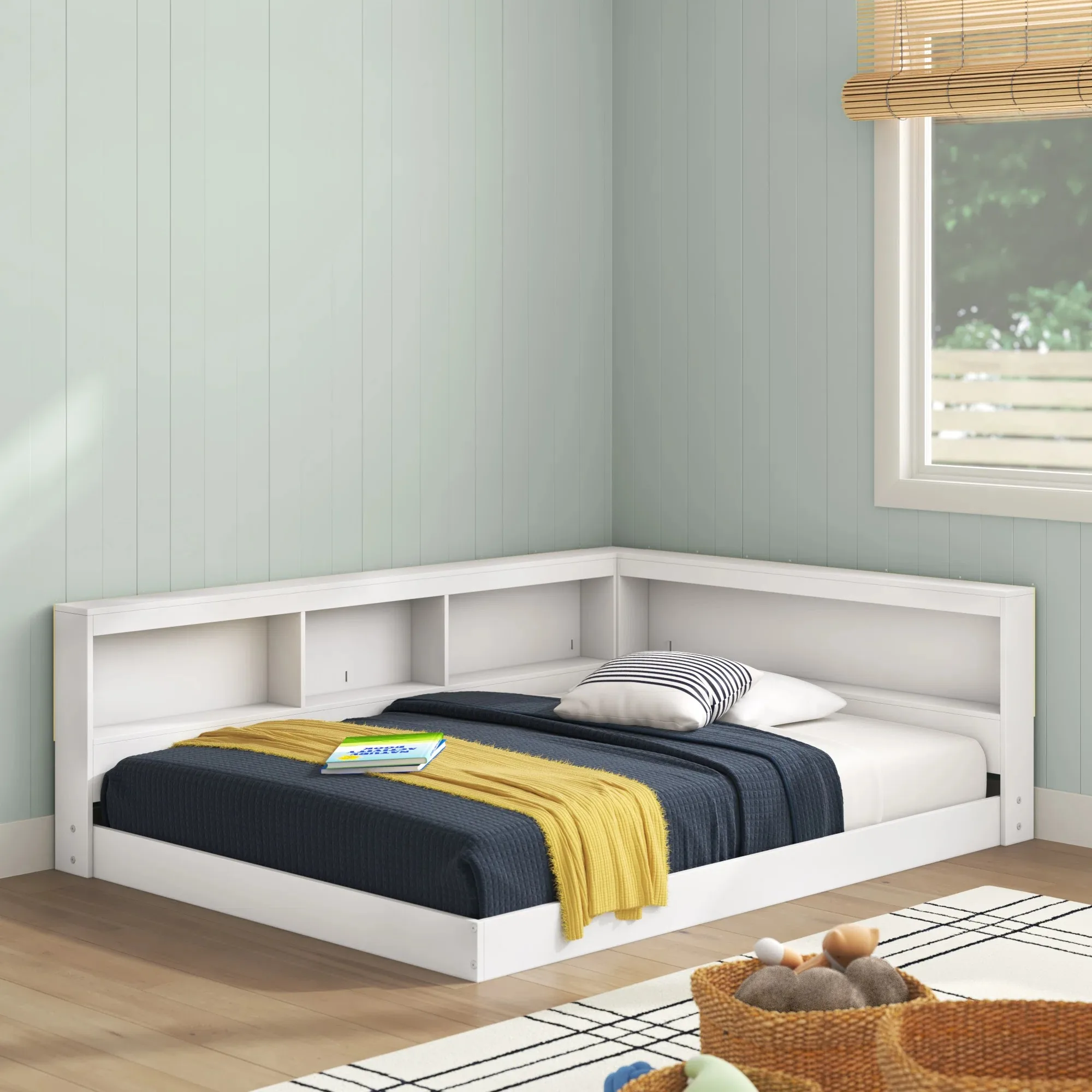 Mid century Modern Design USB Charging Ports Engineered Wood Chiliden Twin Bed Frames with Bookcase Storage
