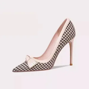 Fine Heel High -heeled Pointed Plaid Patterns Grid Single Shoe Ladies Summer Sexy Heels Casual Design