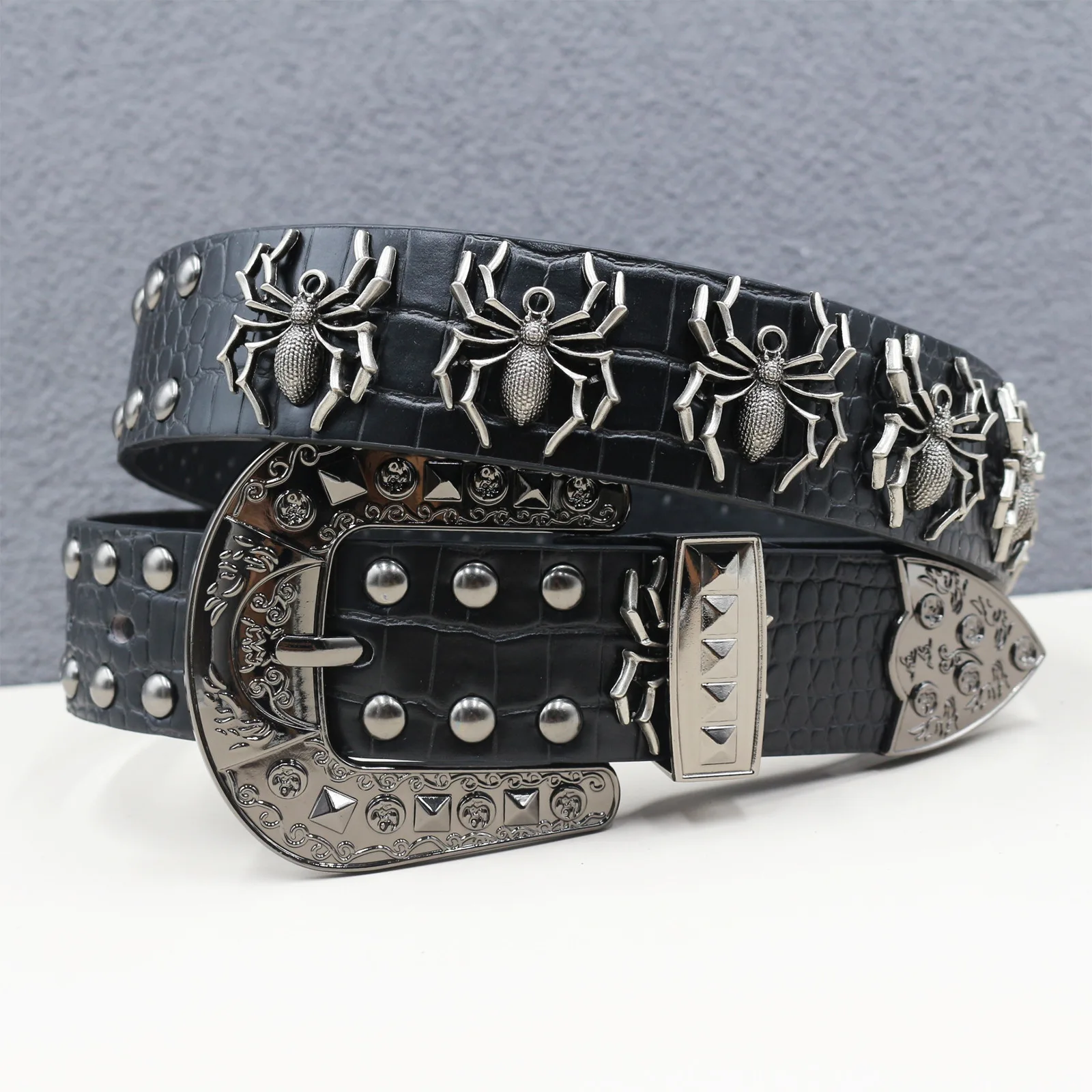 Y2k Punk Gothic Studded Belt PU Leather Floral Buckle Y2k Studded Belt - Etsy main image 2