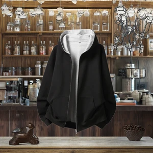 Men's 380g Heavy Autumn Sports Hoodie Coat American Color Inner Hooded Sweater Loose Fit Short Wide Profile Jacket Solid Pattern