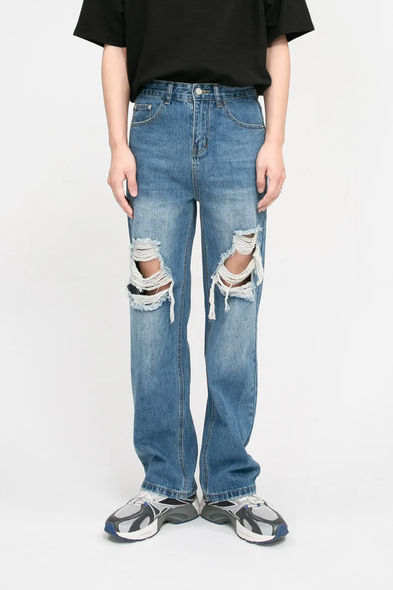 2024 Pantaloni rupți cu găuri la genunchi, design personalizat pentru bărbați, blugi distress de calitate albaștri_voghion.com
