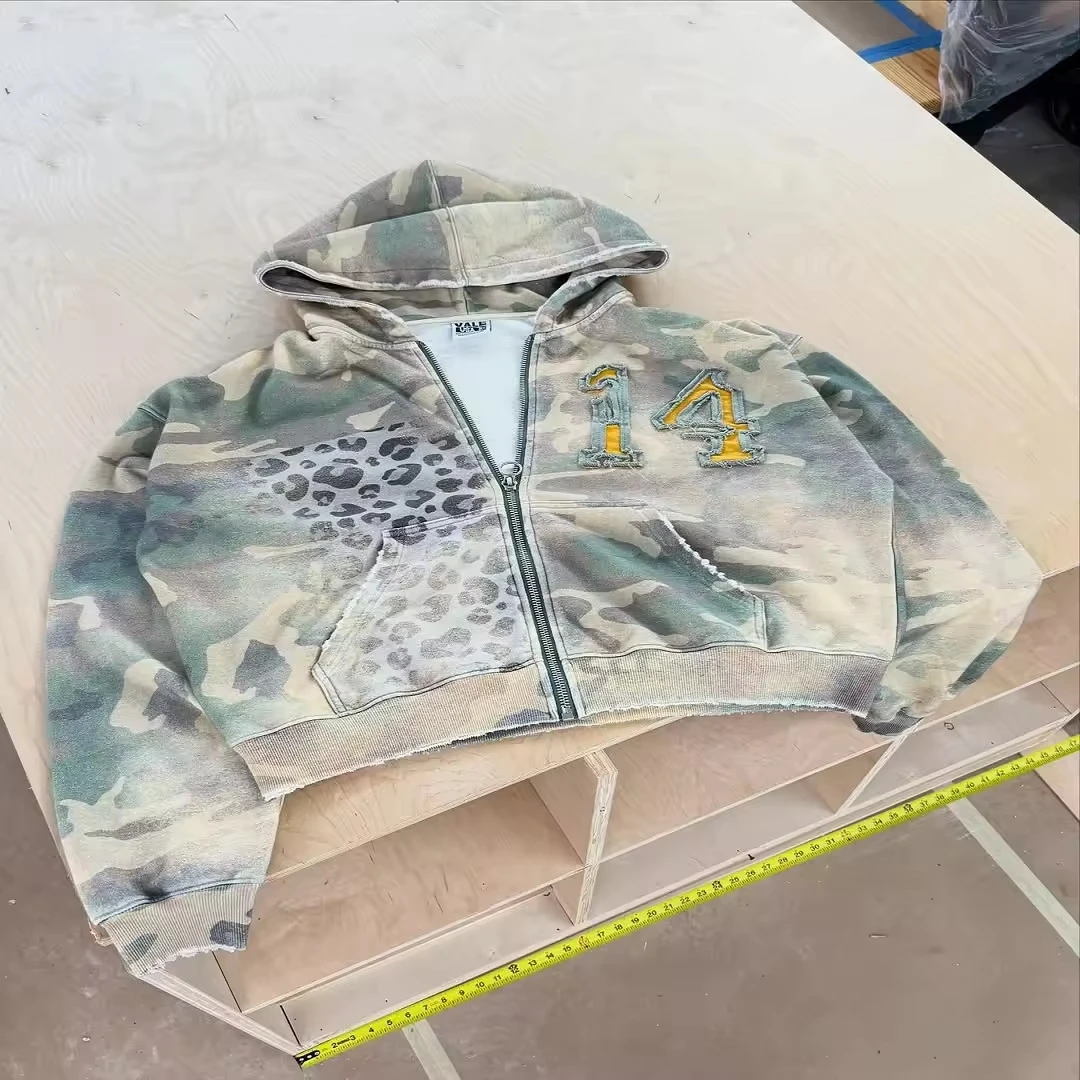Custom Sun Faded Baggy Leopard Printed Boxy Applique Embroidery Camouflage Camo Zip up Vintage Distressed Acid Wash Hoodies Men gallery 2