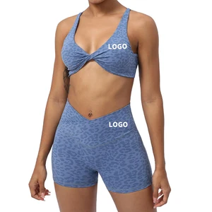 Women 2pcs Set Fitness Twist Front Sports Bra Crop V Neck With Butt Scrunch Leggings Sets Animal Leopard Print Yoga Set