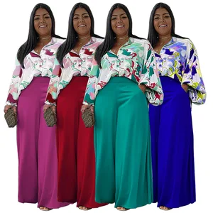 N7761 Best-Selling Plus Size Women's Clothing Loose Casual Printed Shirt and Wide Leg Pants Set 2 Pieces Fall Outfits for Women