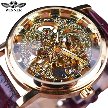 Winner Royal Carving  Brown Leather Strap Transparent Thin Case  Design Watch Watches Men Luxury Brand Clock