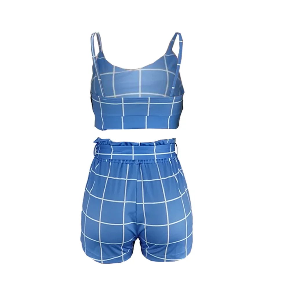 New Sexy Summer Womens Two Pieces Lowcut Check Print Patchwork Crop