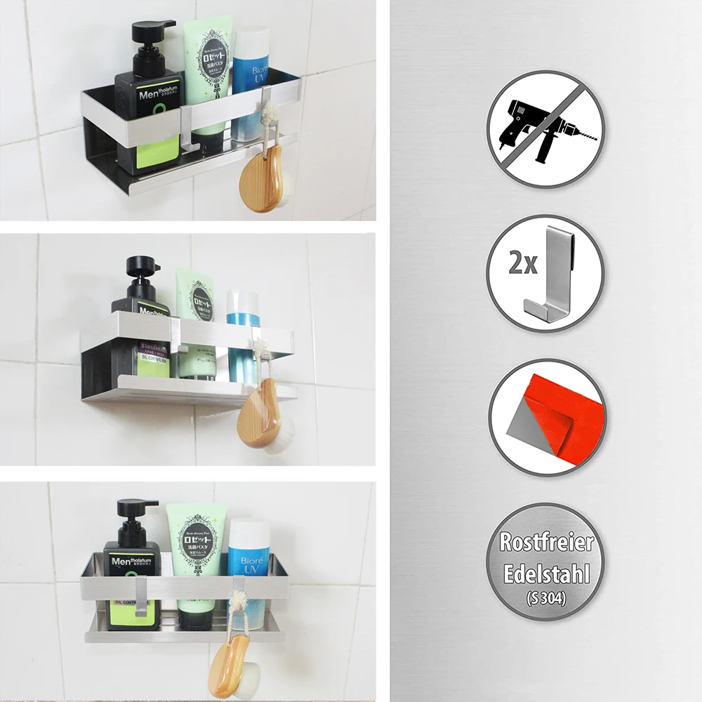 Wall Shelf Adhesive Shower Shelf Without Drilling Stainless Steel Adhesive Corner Shower Shelf with Hooks