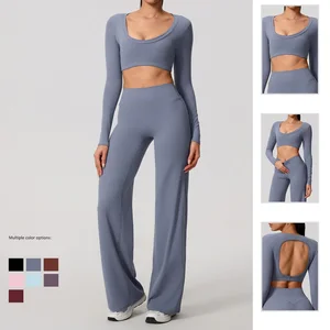 OEM High Quality 2PCS Yoga Long Sleeve  Top High WaistLeggings Women's Gym Fitness Set
