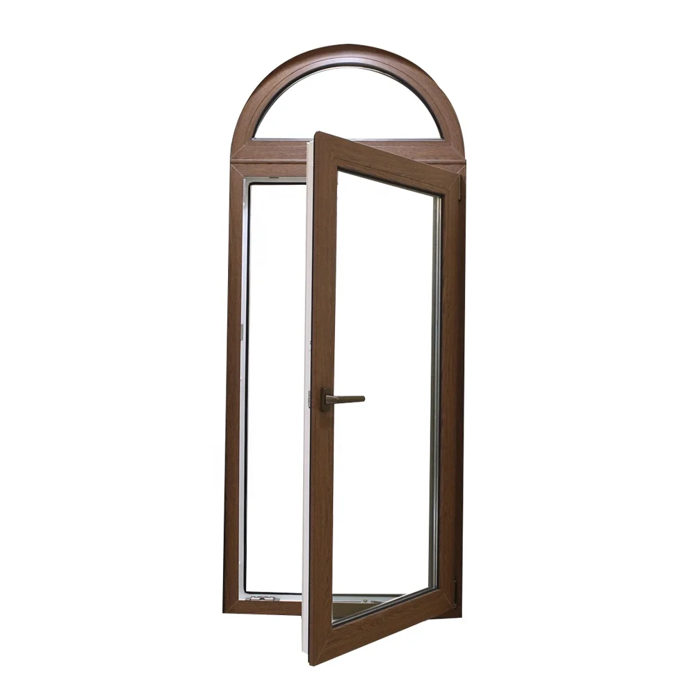 Custom Wood grain UPVC profile window triple glazed  PVC casement windows arch fixed window