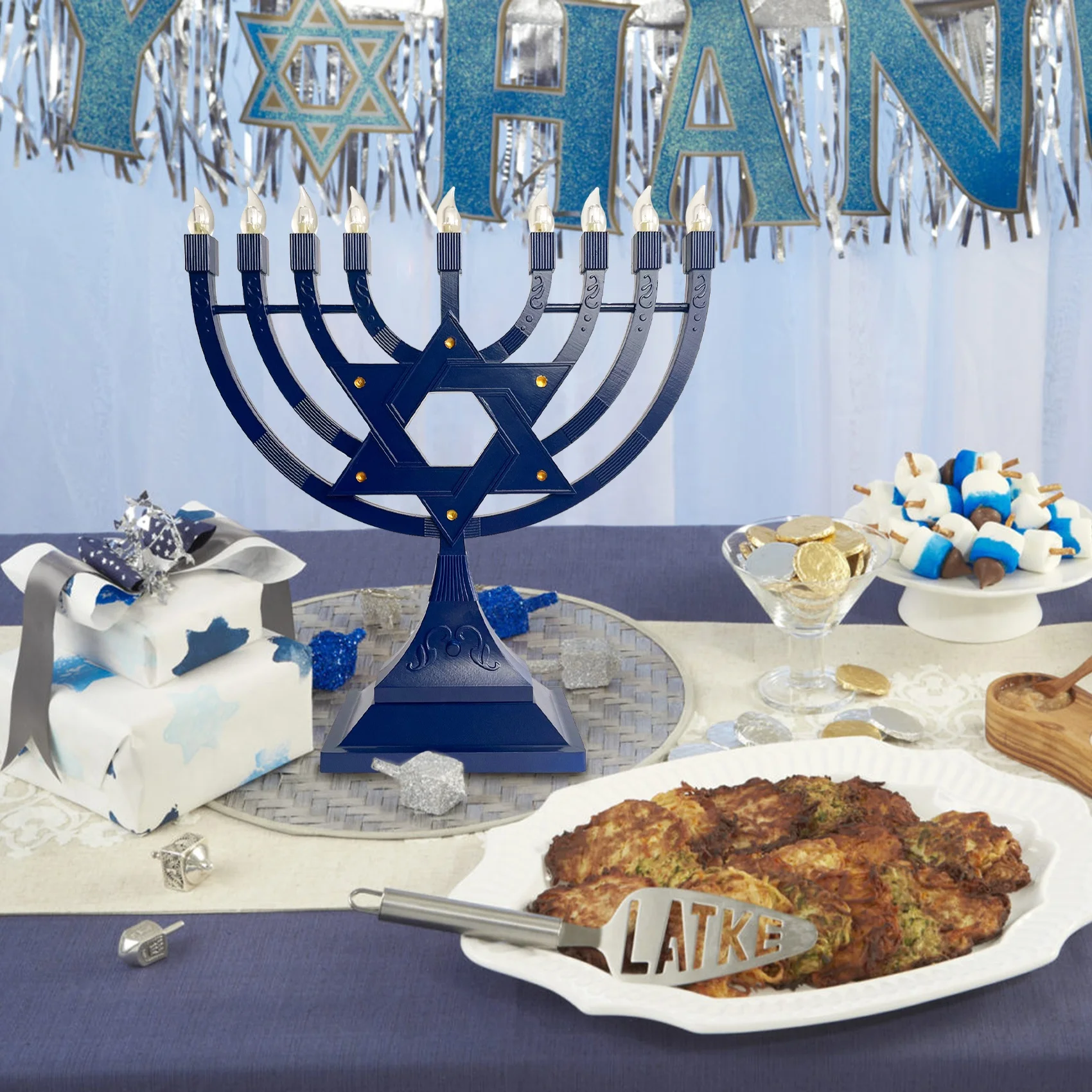 Chanukka-Tischläufer Mit Menorah-Muster – Aus Leinen, 33x183 Cm, Festlich Für Feiertage Und Partys
